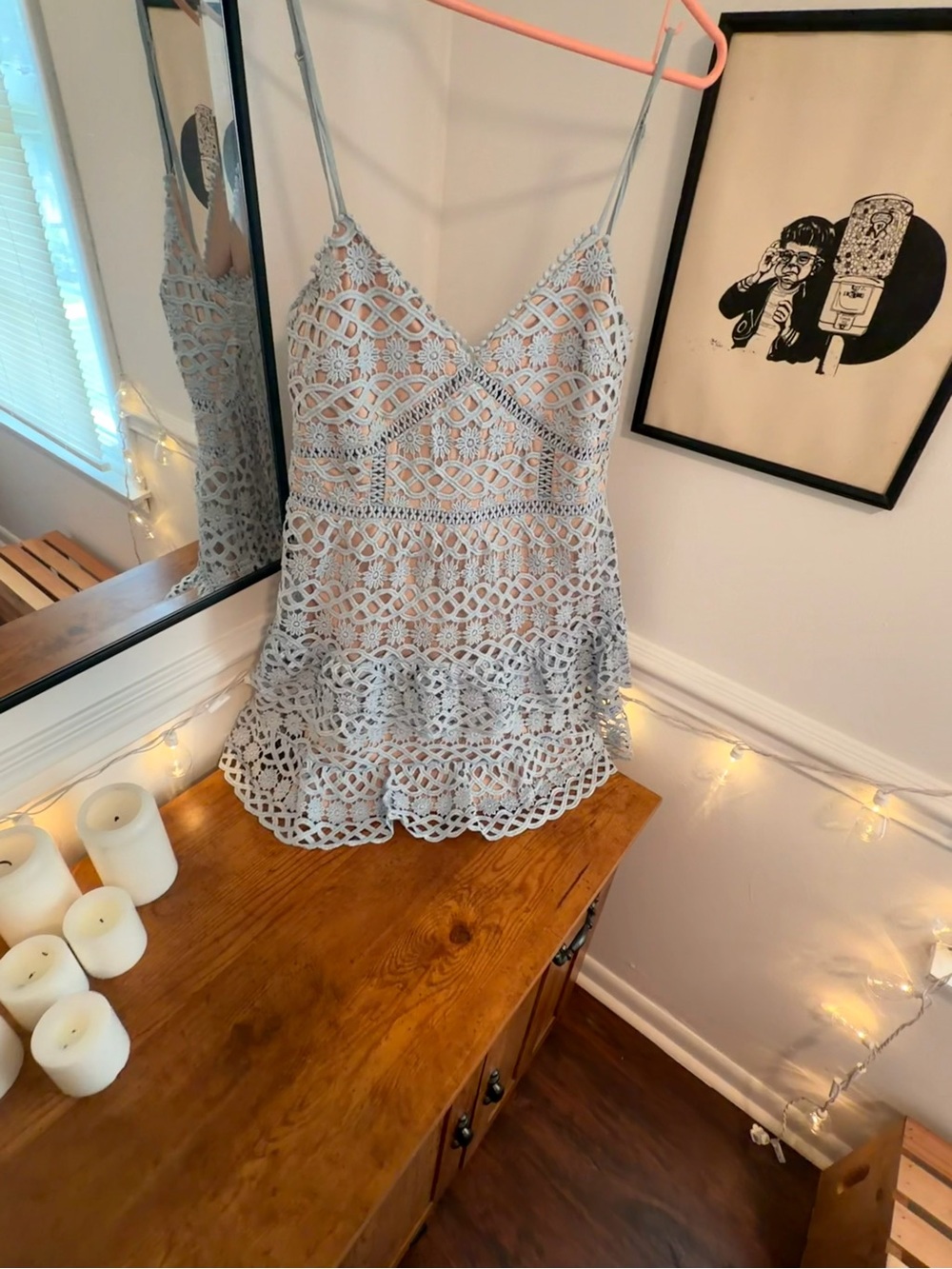 Lulu's Peach and Light Blue Crochet Lace Mini Dress